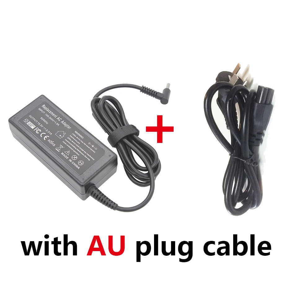 A black AC adapter and a plug cable for a laptop charger with an AU plug.
