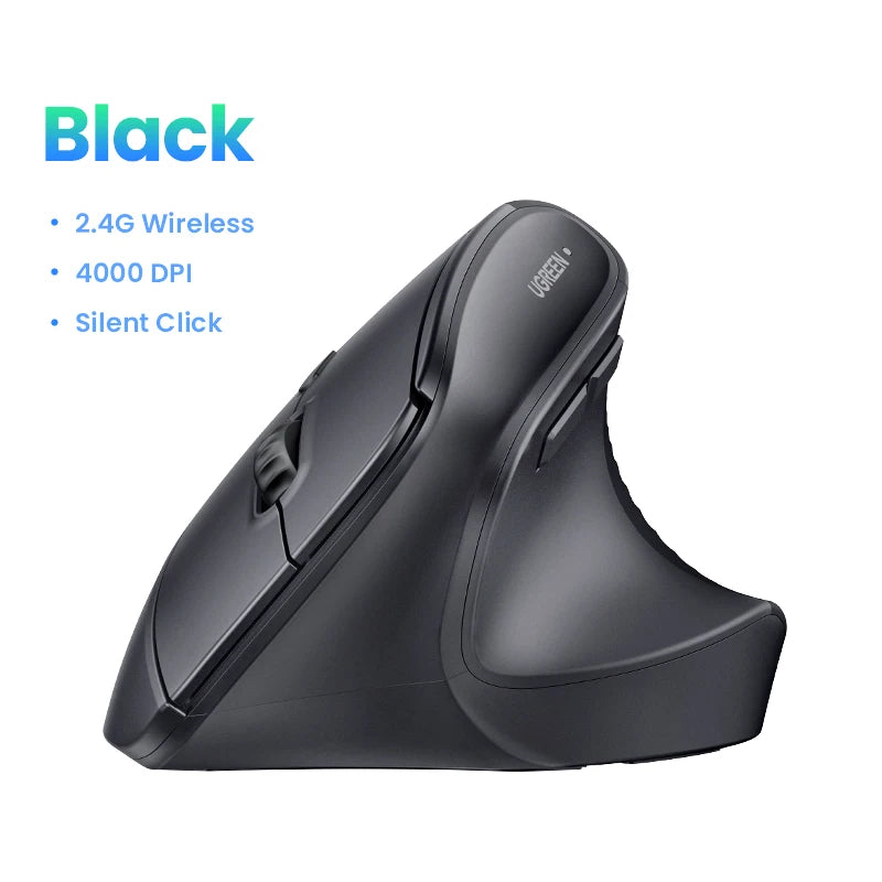 Black ergonomic vertical wireless mouse shown from above