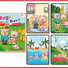 A set of cartoon magic water painting pages featuring pink pigs in various scenes.