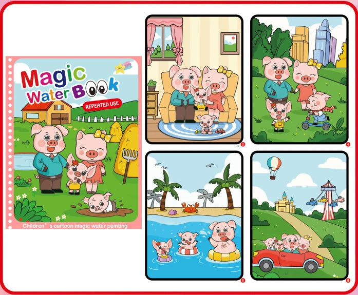 A set of cartoon magic water painting pages featuring pink pigs in various scenes.
