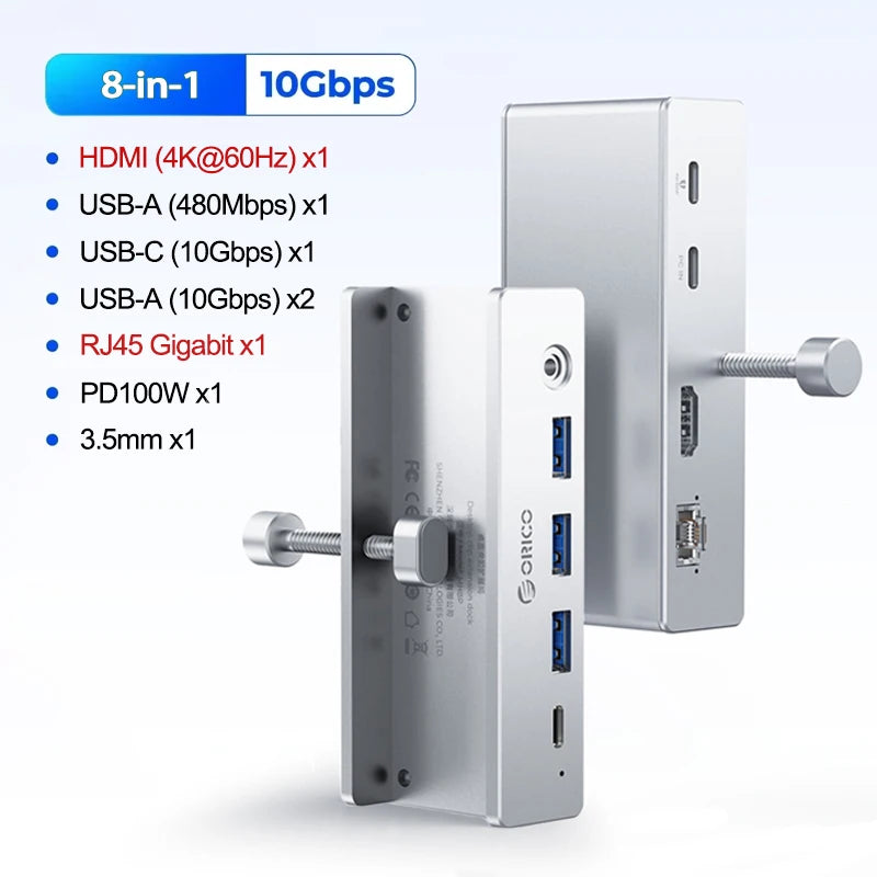 A silver multi-port USB 3.0 hub with various ports including HDMI, USB-A, and RJ45 Gigabit Ethernet.