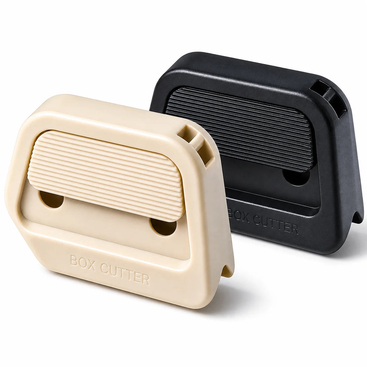 A beige mini ceramic box cutter with an auto-retractable blade and a black protective case.