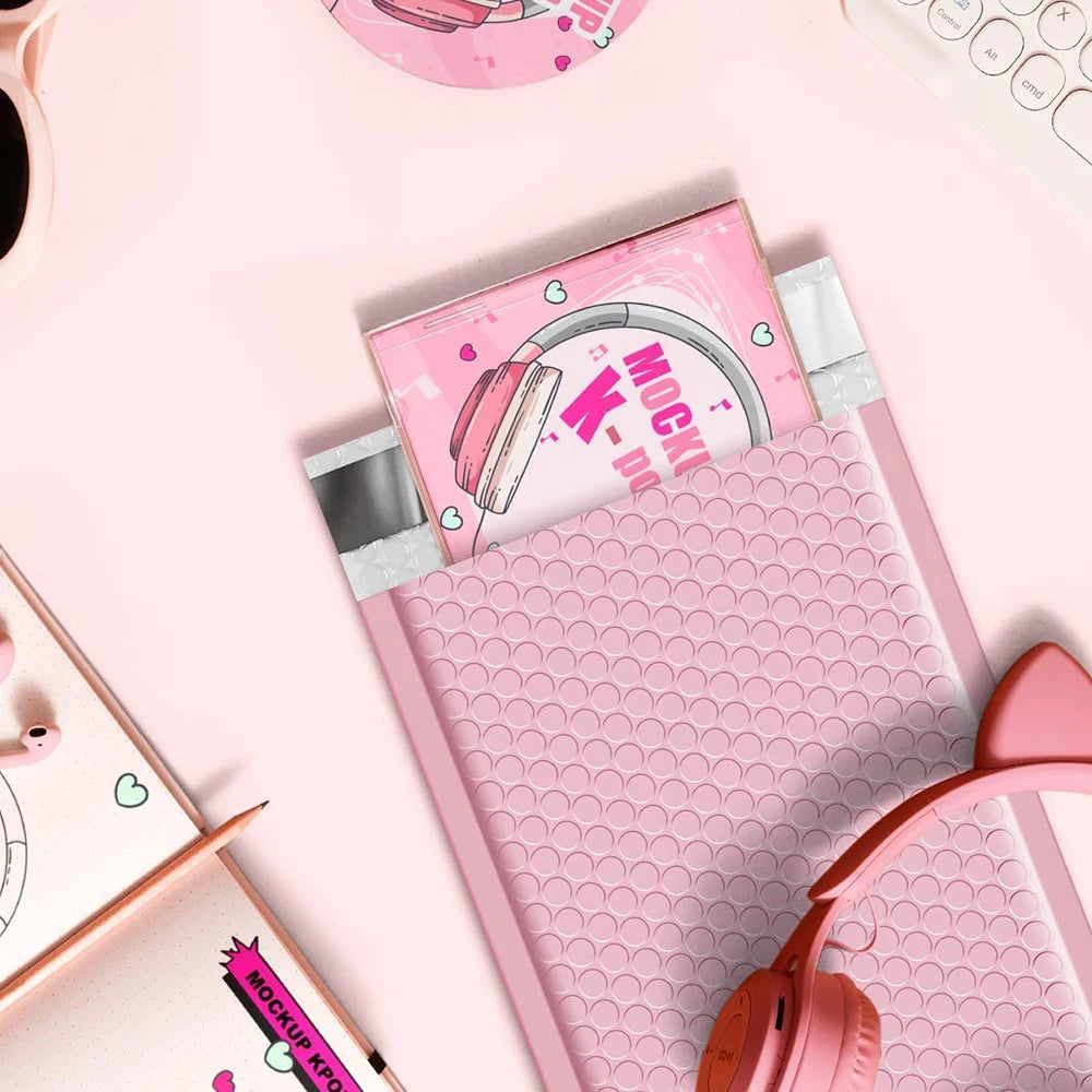 Pink wiederverwendbare Poly-Blasen-Umschläge mit Mockup-Design auf pinkem Untergrund.