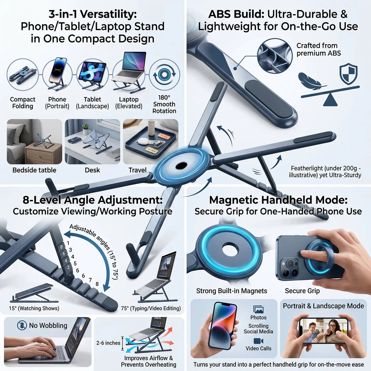 A foldable magnetic laptop stand with 8-level angle adjustment and a magnetic handheld mode for secure phone grip.
