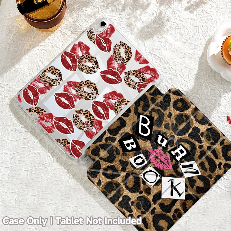A clear protective case for an iPad featuring a pattern of red lips and leopard print.