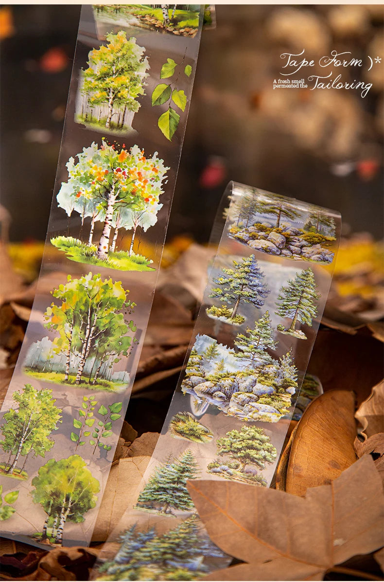 Clear tape form featuring detailed botanical illustrations of trees and foliage for journaling and crafts