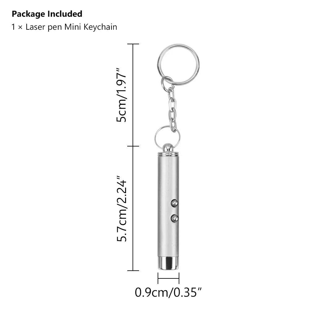 Pluma láser plateada mini llavero con anillo dividido y cuerpo cilíndrico.