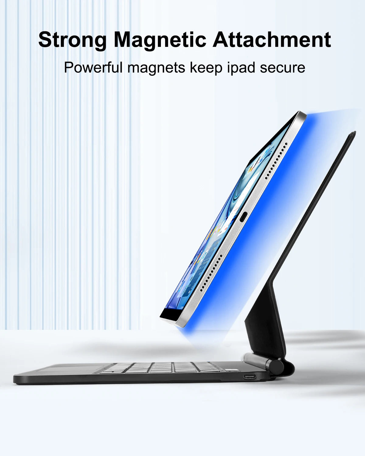 A Magic Keyboard case for an iPad is shown with a strong magnetic attachment, securing the device.