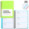 A6 spiral binding password keeper notebook with alphabetical tabs shown in green and white.