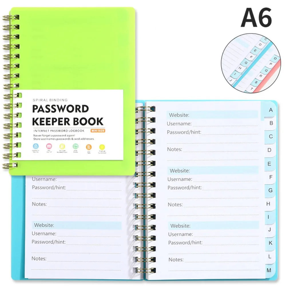 A6 spiral binding password keeper notebook with alphabetical tabs shown in green and white.