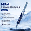A syringe of MX-4 thermal compound is shown on a blue surface with a snowy mountain background.