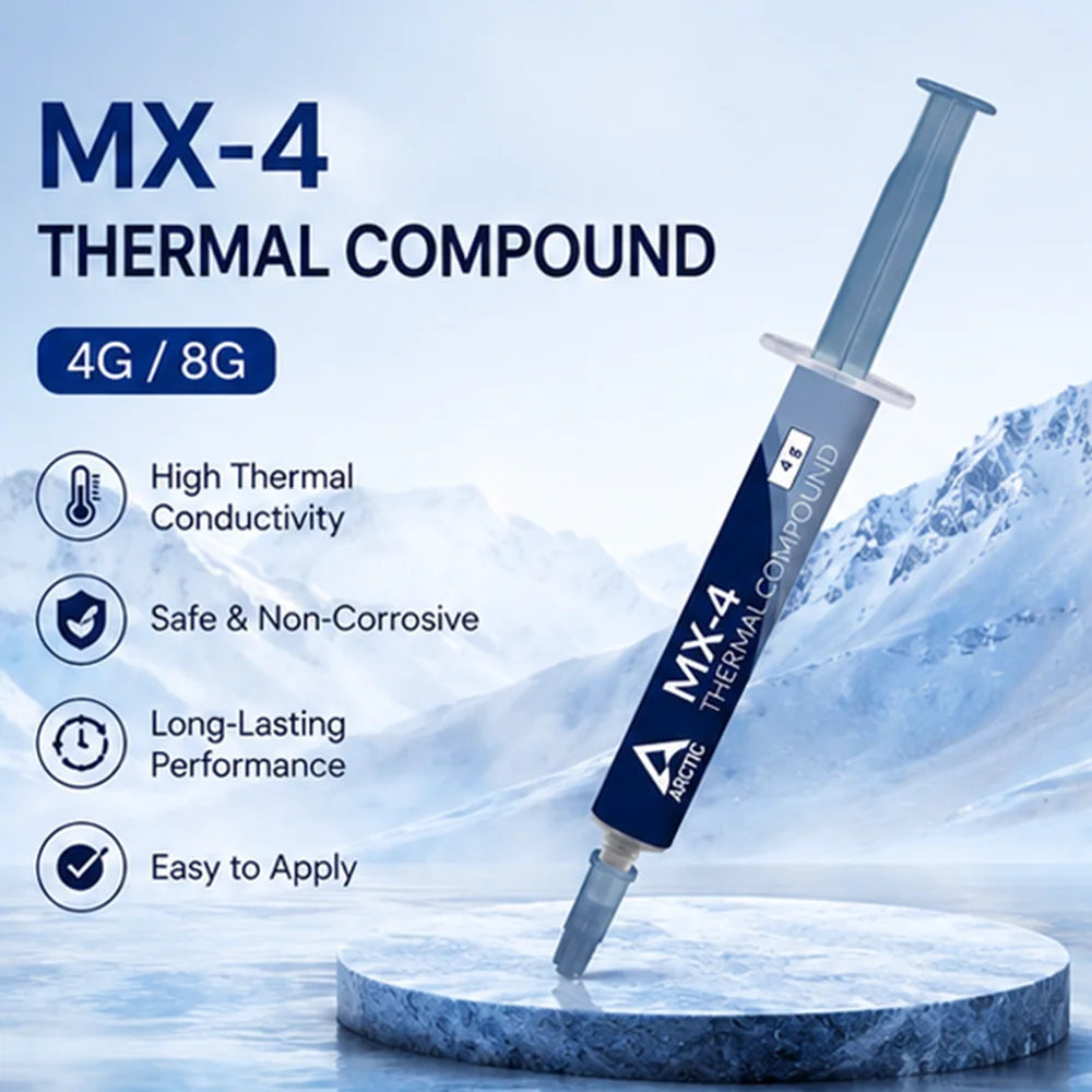 A syringe of MX-4 thermal compound is shown on a blue surface with a snowy mountain background.