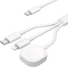Cable de carga multi-dispositivo blanco de 3 en 1 con conector y base redonda.