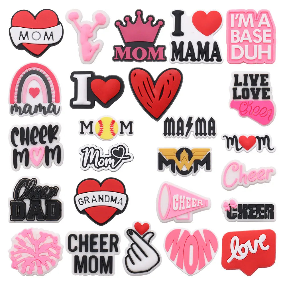 A collection of heart-shaped and themed shoe charms for gifts including Mom, Mama, Dad, and Grandma.