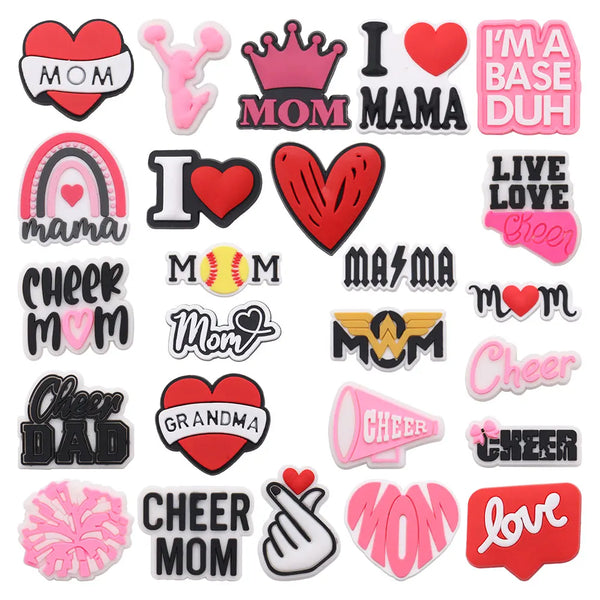 A collection of heart-shaped and themed shoe charms for gifts including Mom, Mama, Dad, and Grandma.