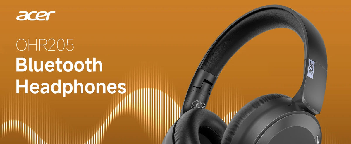 A close-up of black Acer OHR205 Bluetooth headphones against an orange background.