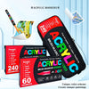 A set of acrylic markers in various colors and tips displayed on a black case with paint palettes.