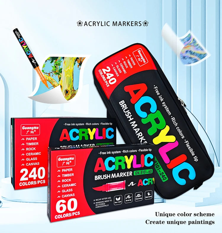 A set of acrylic markers in various colors and tips displayed on a black case with paint palettes.