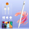 A white universal capacitive stylus pen shown next to various computer and tablet devices.