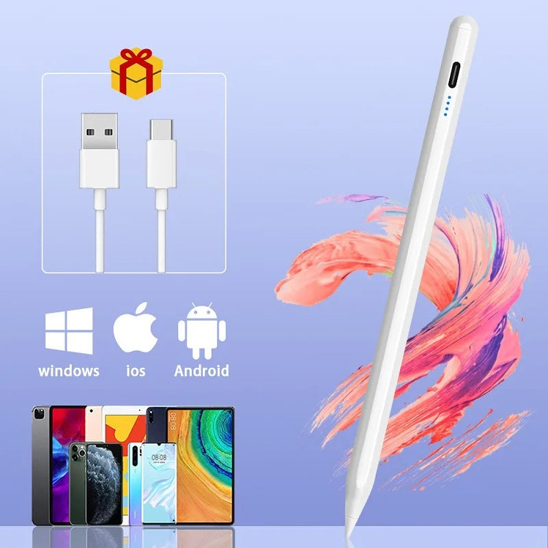 A white universal capacitive stylus pen shown next to various computer and tablet devices.