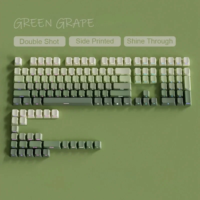 Primer plano de teclas PBT de doble disparo con gradiente de uva verde cian, impresión lateral y efecto brillante.