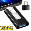 A black USB 3.0 flash drive with lightning and Type-C connectors is shown alongside its detachable connector.
