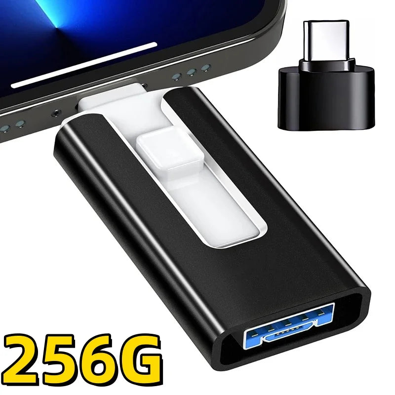 A black USB 3.0 flash drive with lightning and Type-C connectors is shown alongside its detachable connector.