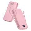 A pink 20000mAh power bank with built-in AC plug and dual cables shown from the side.