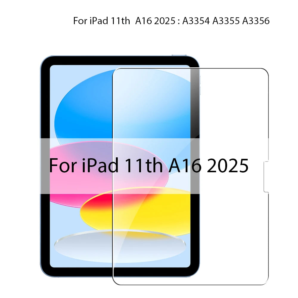 A clear image of a universal tempered glass screen protector for an iPad, showing various colored layers.
