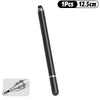 A black stylus pen with a silver tip shown next to its packaging information.