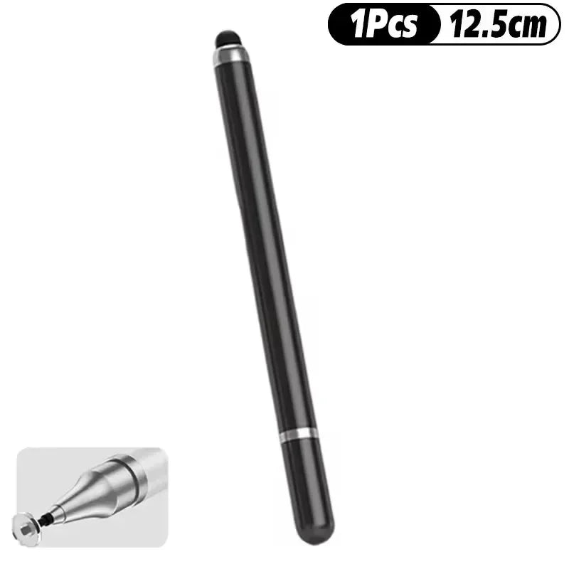 A black stylus pen with a silver tip shown next to its packaging information.