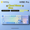 A close-up view of the Hi98C Pro mechanical wireless keyboard with blue keycaps and a light blue frame.
