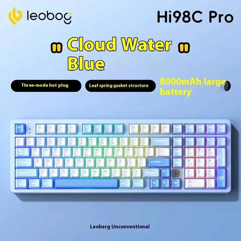 A close-up view of the Hi98C Pro mechanical wireless keyboard with blue keycaps and a light blue frame.