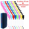 A set of eight colored dry erase markers and one whiteboard eraser displayed in a grid formation.