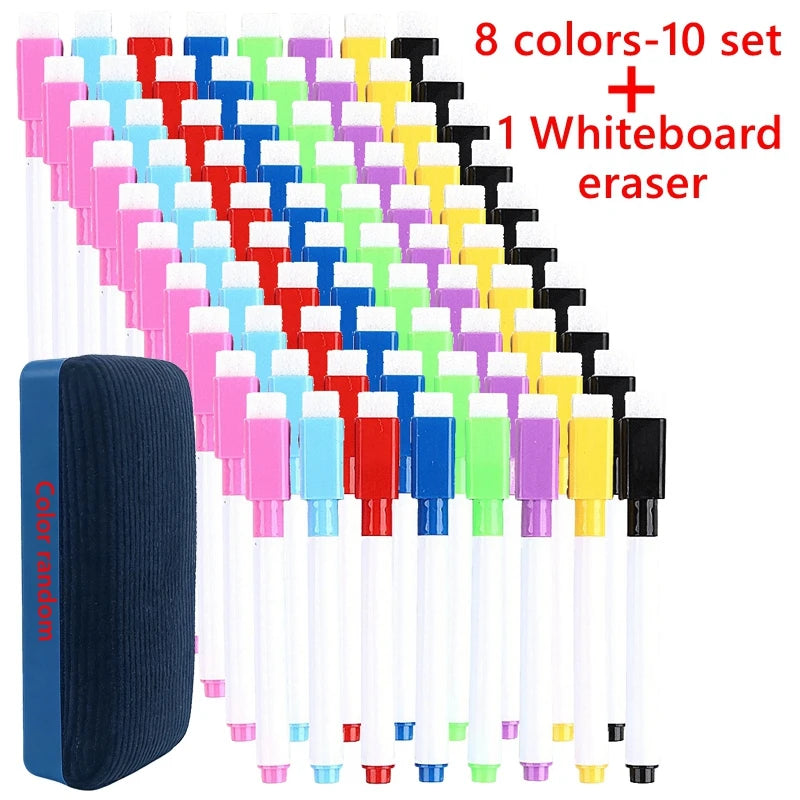 A set of eight colored dry erase markers and one whiteboard eraser displayed in a grid formation.