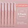 A set of five pink ST push gel pens with black ink, showing the pen design and size.