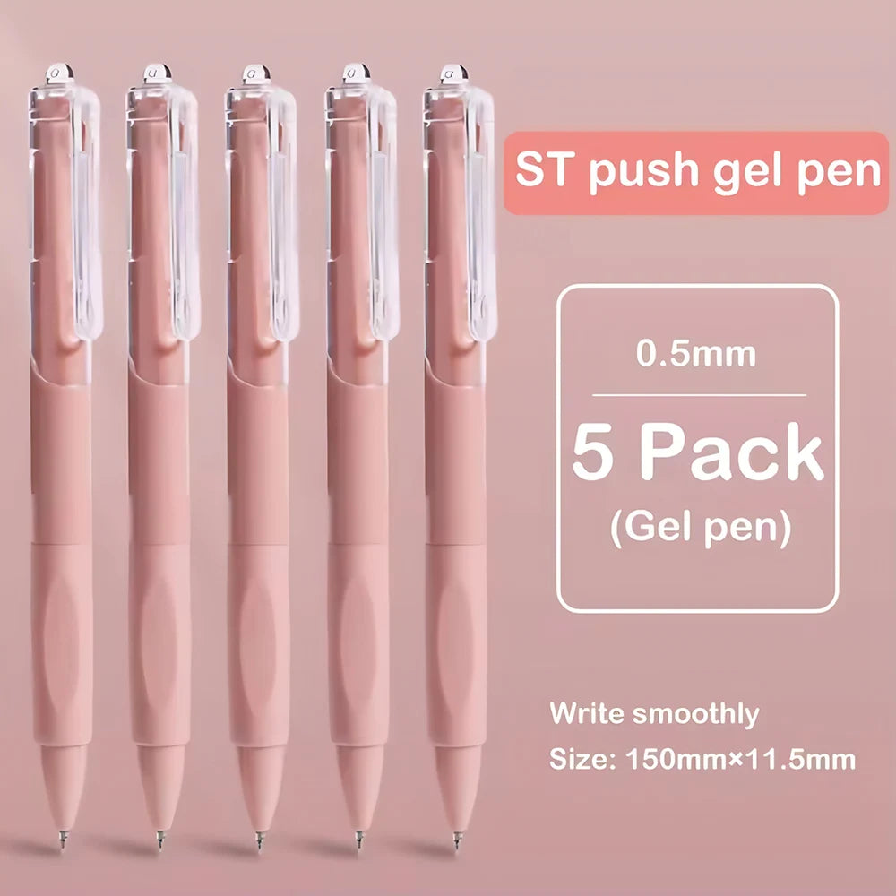 A set of five pink ST push gel pens with black ink, showing the pen design and size.