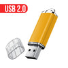 A yellow metal USB 2.0 flash drive with a silver connector is shown next to its detached casing.