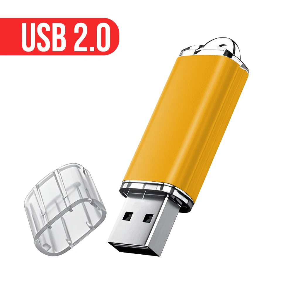 A yellow metal USB 2.0 flash drive with a silver connector is shown next to its detached casing.