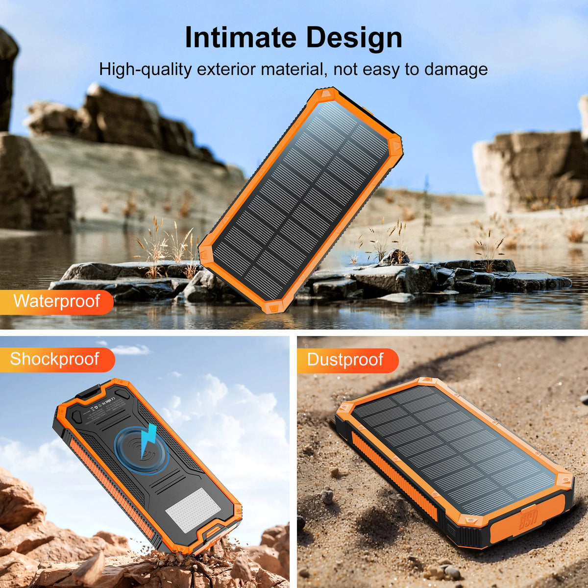 Orange portable solar power bank charger with a glass-like panel shown in various outdoor environments.