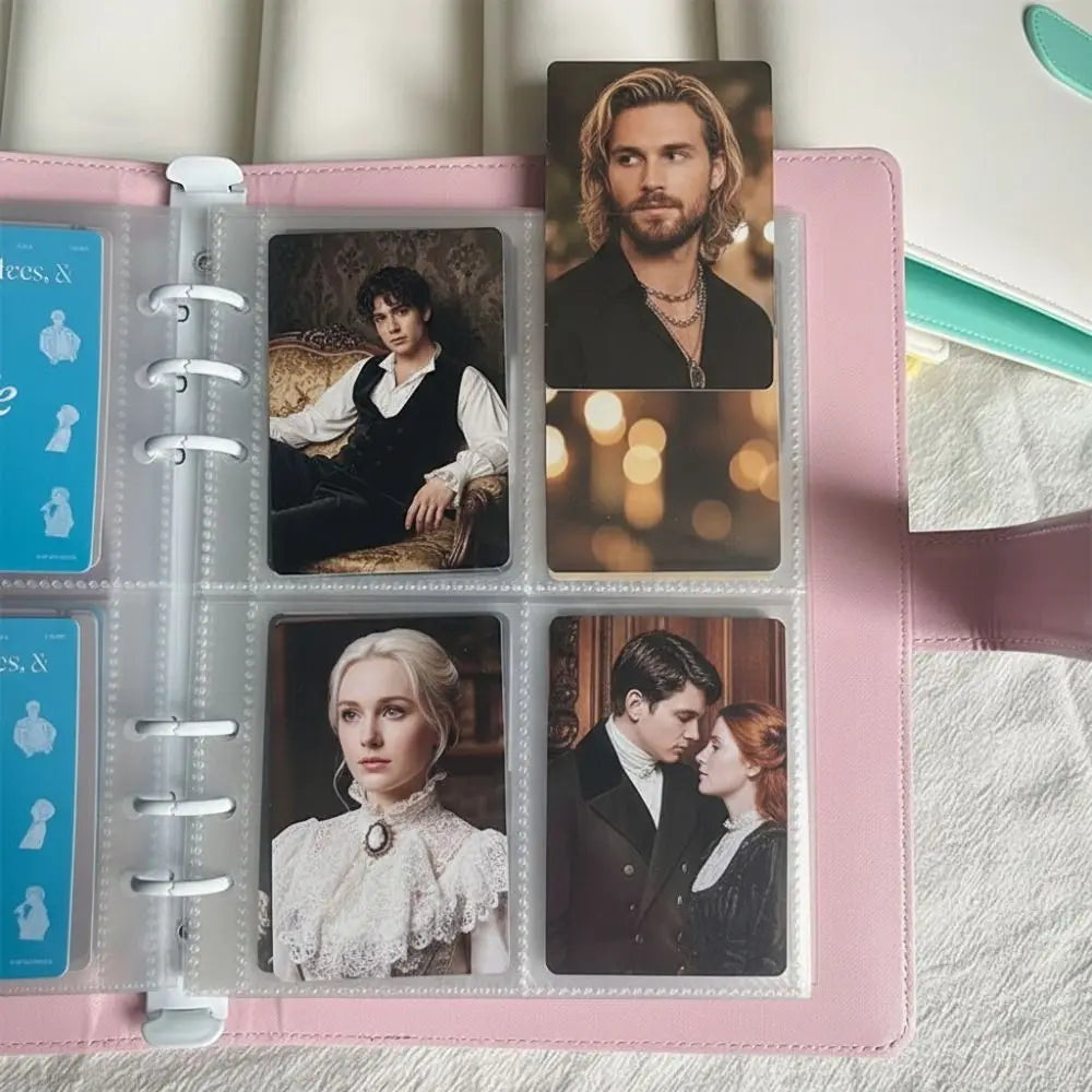 A pink photo card binder with clear sleeves containing portraits of male and female characters.