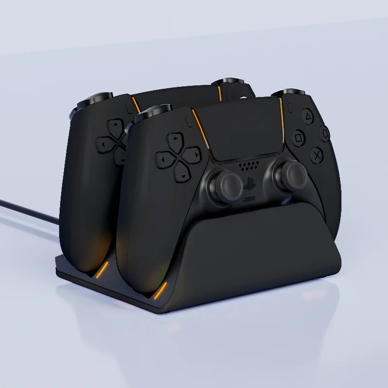 A black Dual PS5 controller charging station with a fast charging dock resting on a light surface.