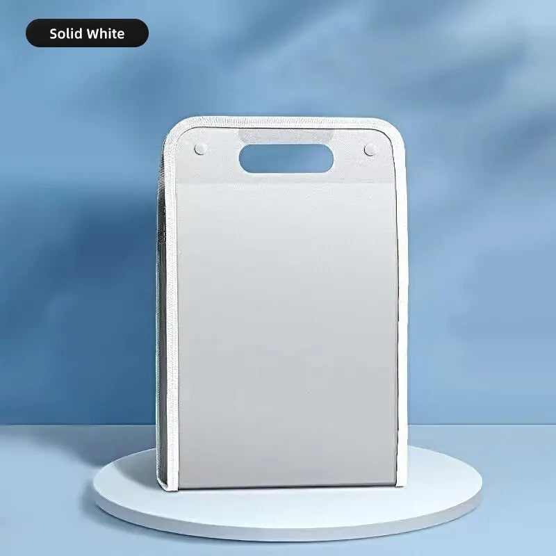 A solid white portable accordion document organizer displayed on a light blue background.