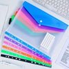 A clear plastic file organizer showing six colored expanding pockets for documents on a white desk.