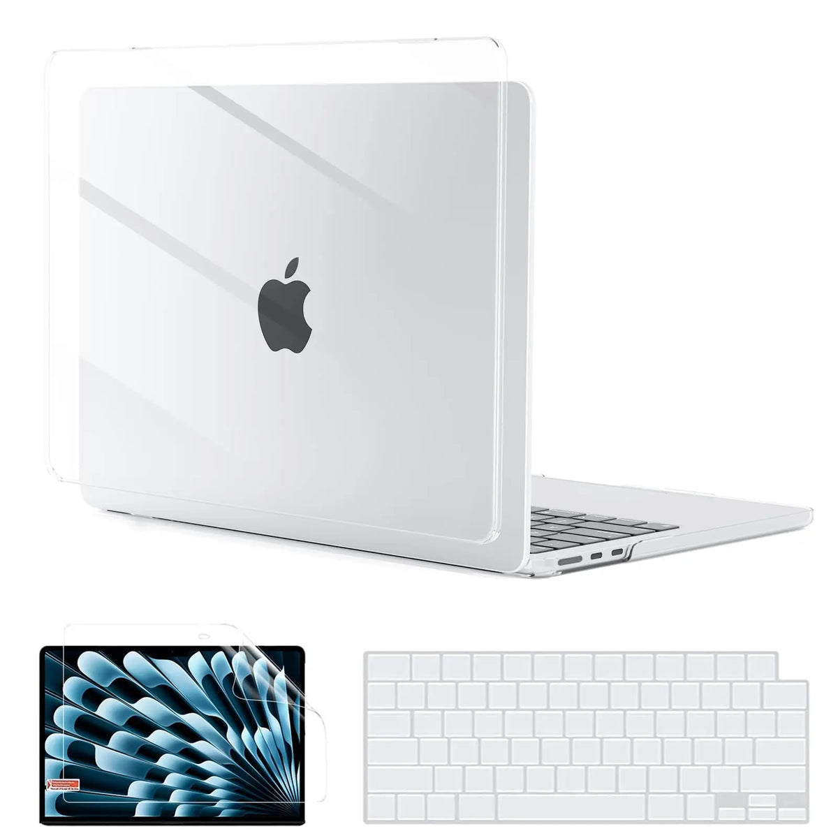 Dünner Schutzhülle für ein silbernes MacBook-Laptop, zeigt das Gerät und eine abgetrennte Tastatur.