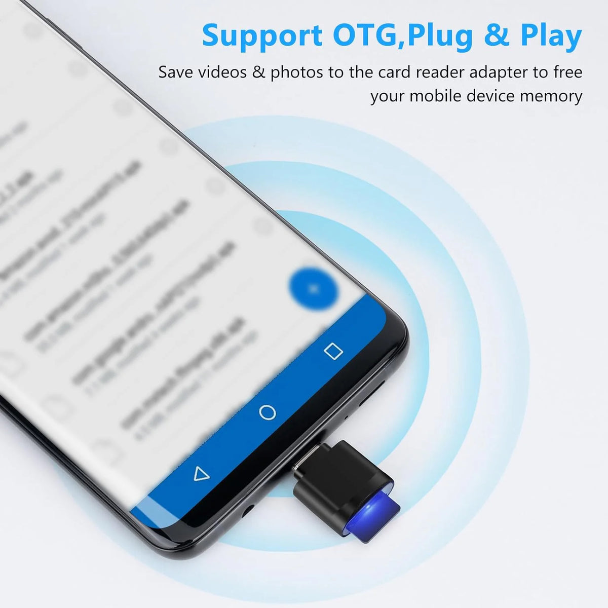 A mobile device is shown connected to a USB-C to SD/TF card reader adapter with a keychain.