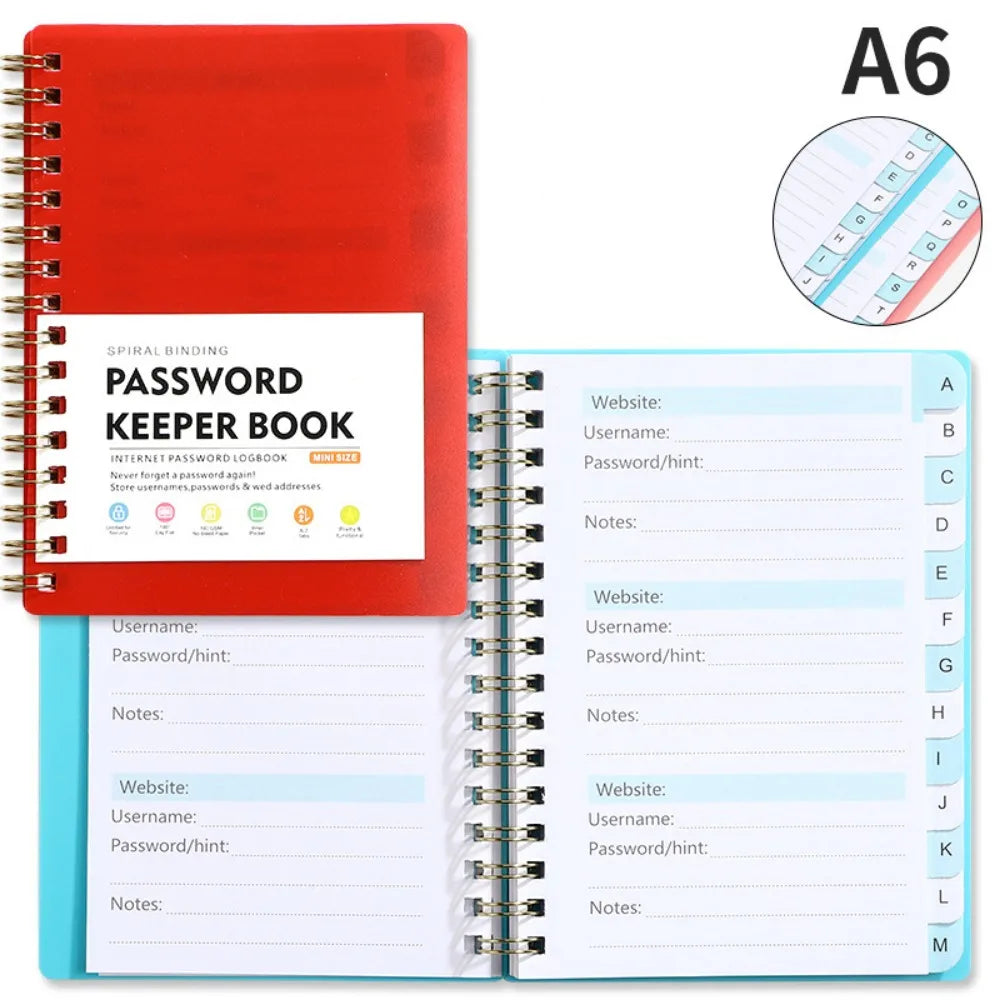 A6 spiral bound password keeper book with alphabetical tabs and lined pages