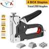 A silver and black manual stapler set with four box staples and various nail sizes shown next to the tool.