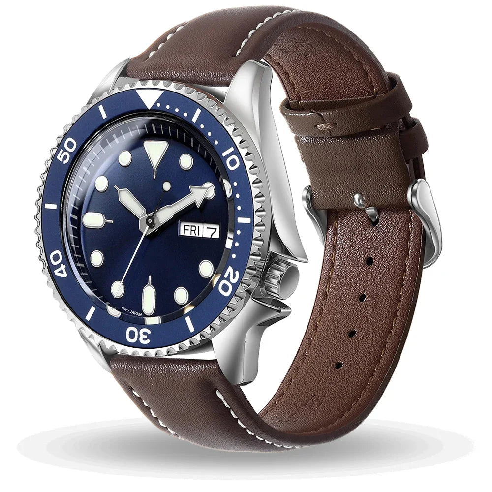 A brown leather watch band with a silver watch face and bezel displaying the time.