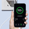 A hand is shown plugging a charging cable into an Apple device, illustrating the PD Protocol for fast and secure charging.